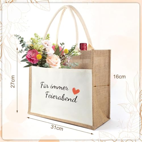 Scinzene ruhestand geschenk frauen, renteneintritt geschenk frau, Jutetasche ist mit dem Schriftzug, Socken und Schlüsselanhänger, Für immer Feierabend“ Aufgedruckt