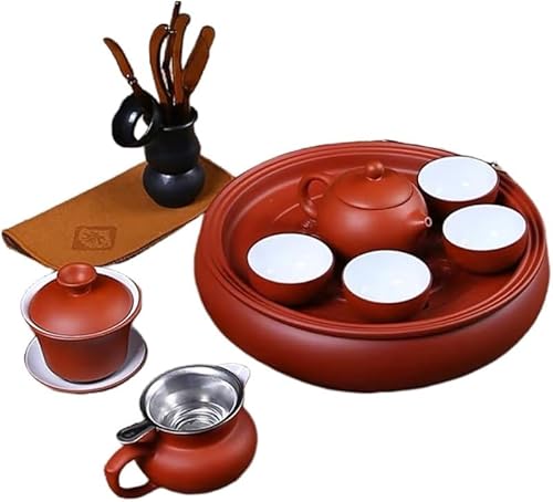KryZaro紫砂和風ティーセット 陶磁茶器揃 急須 + 湯呑み + 茶皿セット 番茶専用茶器 乾燥機能付き レッド調和風茶具 家庭・茶会・贈り物適用?