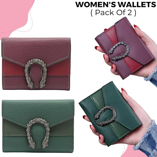 Image of Kraptick Women s Wallet Stylish Compact Purse Clutch with Card & Coin Holder Debit Card Organizer, Travel Wallet & Money Organizer for Women with 8 Card Slots (Purple & Green) (Combo of 2)