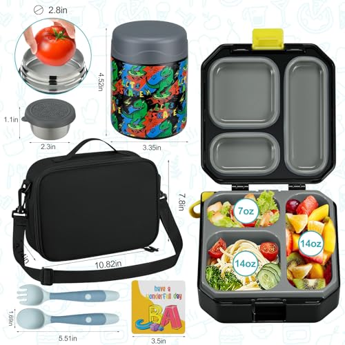 Image of wiwens Bento Lunch Box for Kids with 12oz Soup Thermo Leak-Proof Lunch Food Container with 5 Compartment Thermo Hot Food Jar and Insulated Lunch Bag for Kid Toddler Girls Boys to School