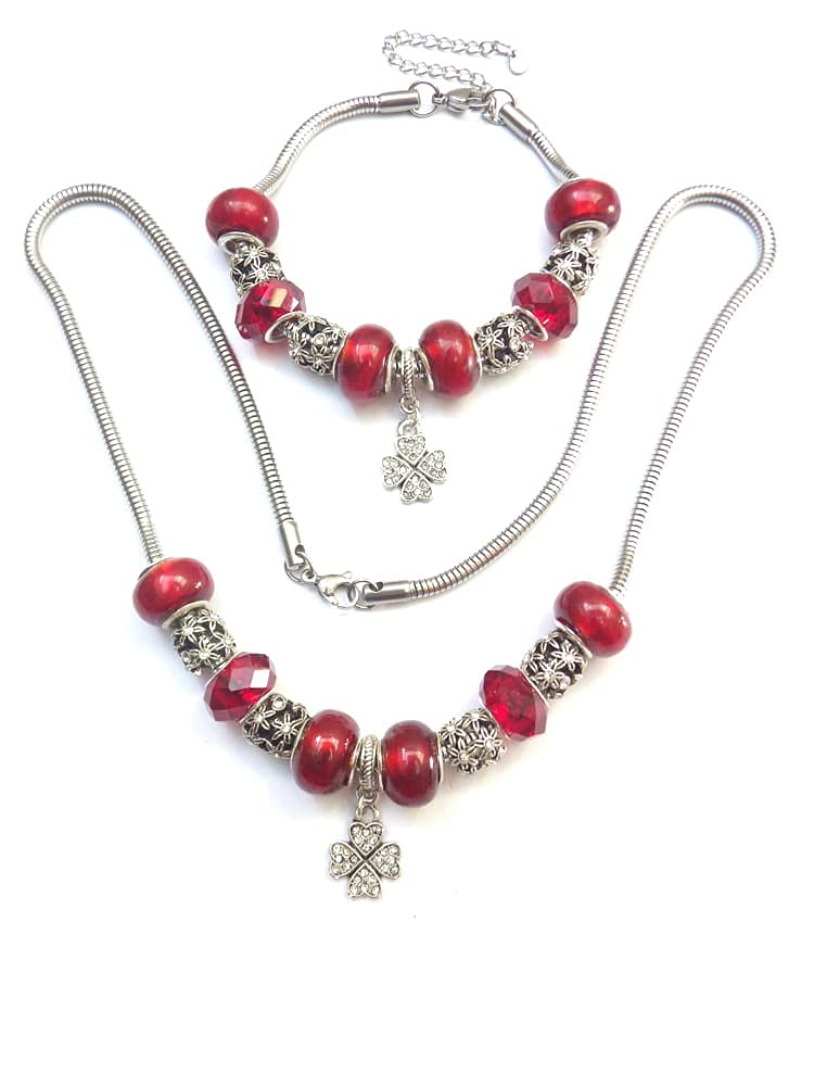 Damen Schmuckset aus Edelstahl mit Charms Halskette Armband und Kristall Kleeblatt Anhänger