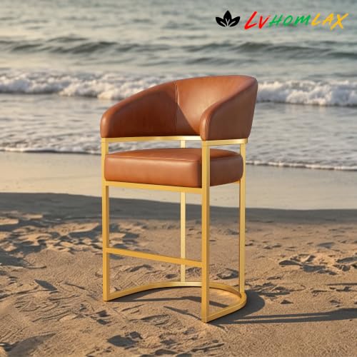Butacos Modernos de Altura para Isla de Cocina, Juego de 4, Tapizados en Cuero Sintético Marrón Camel con Estructura Metálica Dorada, Soportan 480 lb miniatura 3