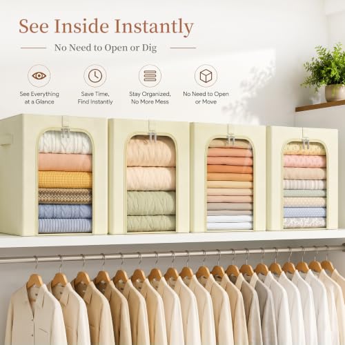 Image of GoMaihe Clothes Storage Bins with Metal Frame, 55L Blanket Storage Boxes for Above Shelf Closet, 4 Pack Stackable Clothing Storage Organizer with Clear Window for Bedding Sweaters Comforters - Beige