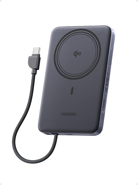 UGREEN Magflow Air Qi2 15W Magnetic Power Bank 10000mAh, Wireless Portable Charger with Built-in USB-C Cable, 30W Fast Charging Battery Pack, MagSafe Compatible for iPhone 17/16 Pro Max, Black