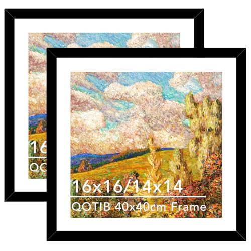 QOTIB Wood 16x16 Frame Set of 2 with 14x14 Mat for 40 x 40cm Diamond Art Painting Display Picture 14 x 14 with Mat or 16 x 16 without Mat Large 40x40 Picture Frame for Wall Hanging Black 2 Pack