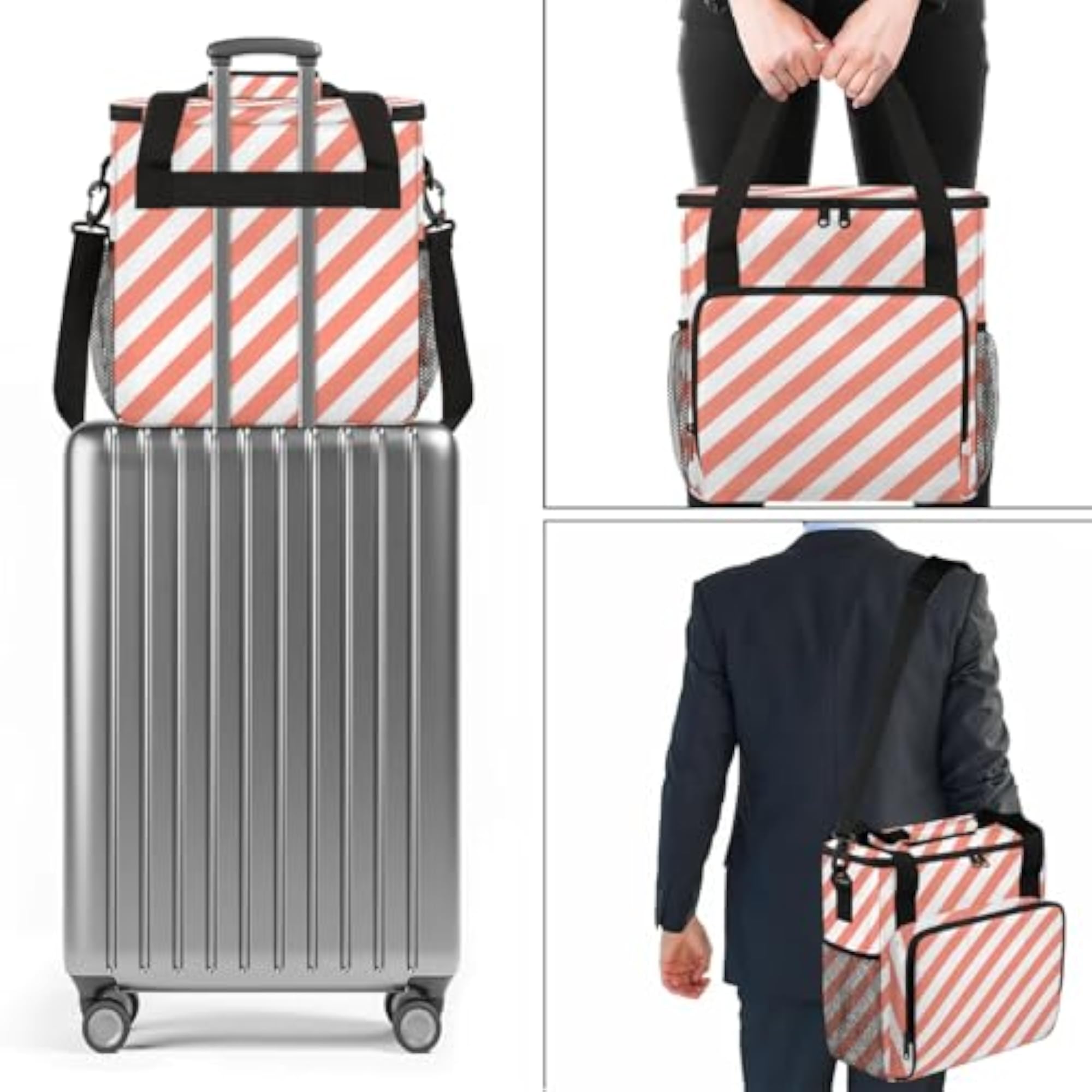 Striped Light Pink Travel Coffee Maker Carrying Bag, Large Organizer