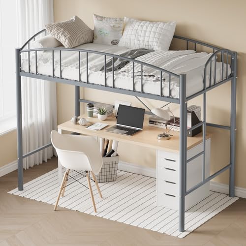 Garvee Loft Bed Twin Size with Ladde and Arched Guardrail, Heavy Duty Metal Loft Bed Frame for Kids and Adults, Sturdy Steel Slats Support, Small Space Saving Design, No Box Spring Needed, Gray