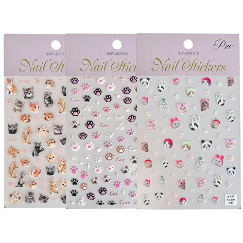 NOVANOOK 3 Sheets Cat Nail Stickers, Cute Nail Stickers, Cat