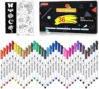 36 Colours Fabric Pens Permanent for Clothes, Shuttle Art Fine Tip Permanent Fabric Markers for T-shirt, Shoes with 13 Stencils 1 Fabric Sheet, Non-toxic Marker Pen for Kids Adult Painting Writing
