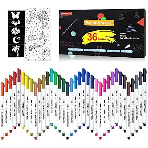 Shuttle Art 36 Colours Fabric Pens Permanent for Clothes, Fine Tip Permanent Fabric Markers for T-shirt, Shoes with 13 Stencils 1 Fabric Sheet, Non-toxic Marker Pen for Kids Adult Painting Writing Cover