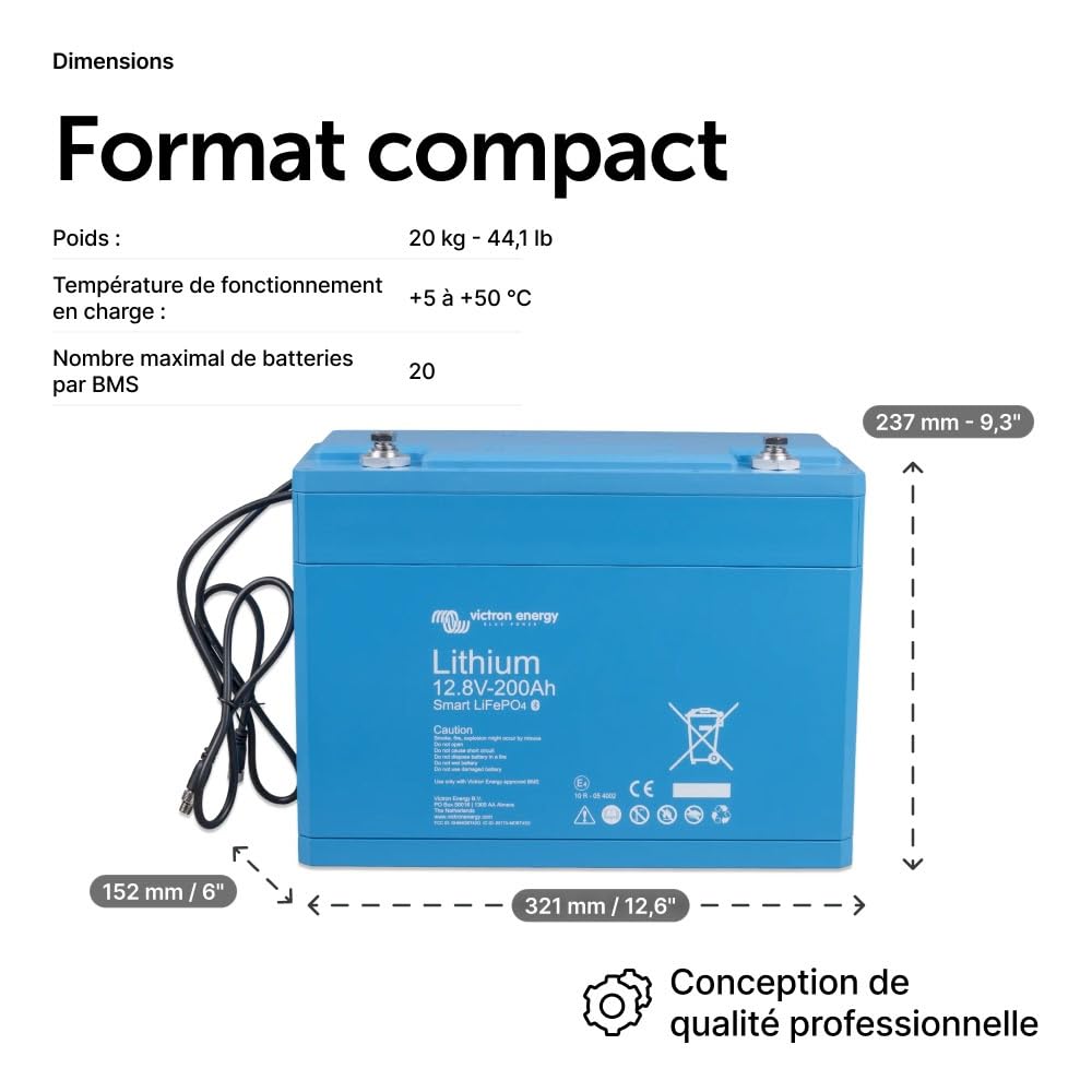 Victron Energy Smart Batterie au Lithium LiFePO4 12,8 Volts 200 Ah