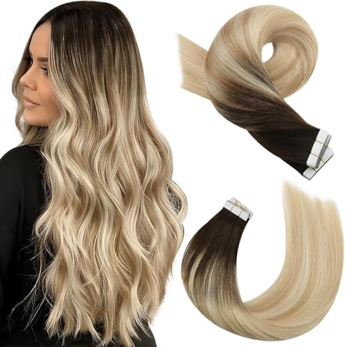 Image of Moresoo Human Hair Tape in Extensions Brown Blonde 12 Inch 20Pcs 30g | Human hair tape in extensions, Remy straight texture, dark roots, honey blonde lengths, flat tabs, short bob styling