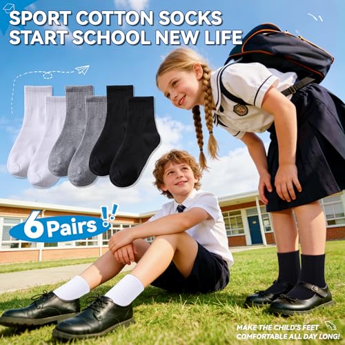 Image of Eyean Kids Athletic Crew Socks Boys Girls Cotton School Uniform Casual Basic Socks 6 Pairs