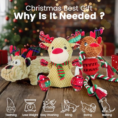 ROSAUI Hundespielzeug Weihnachten, Quietschend Spielzeug für Große Mittlere Kleine Hunde. Geschenke Kuscheltier Rentiere, Hunde