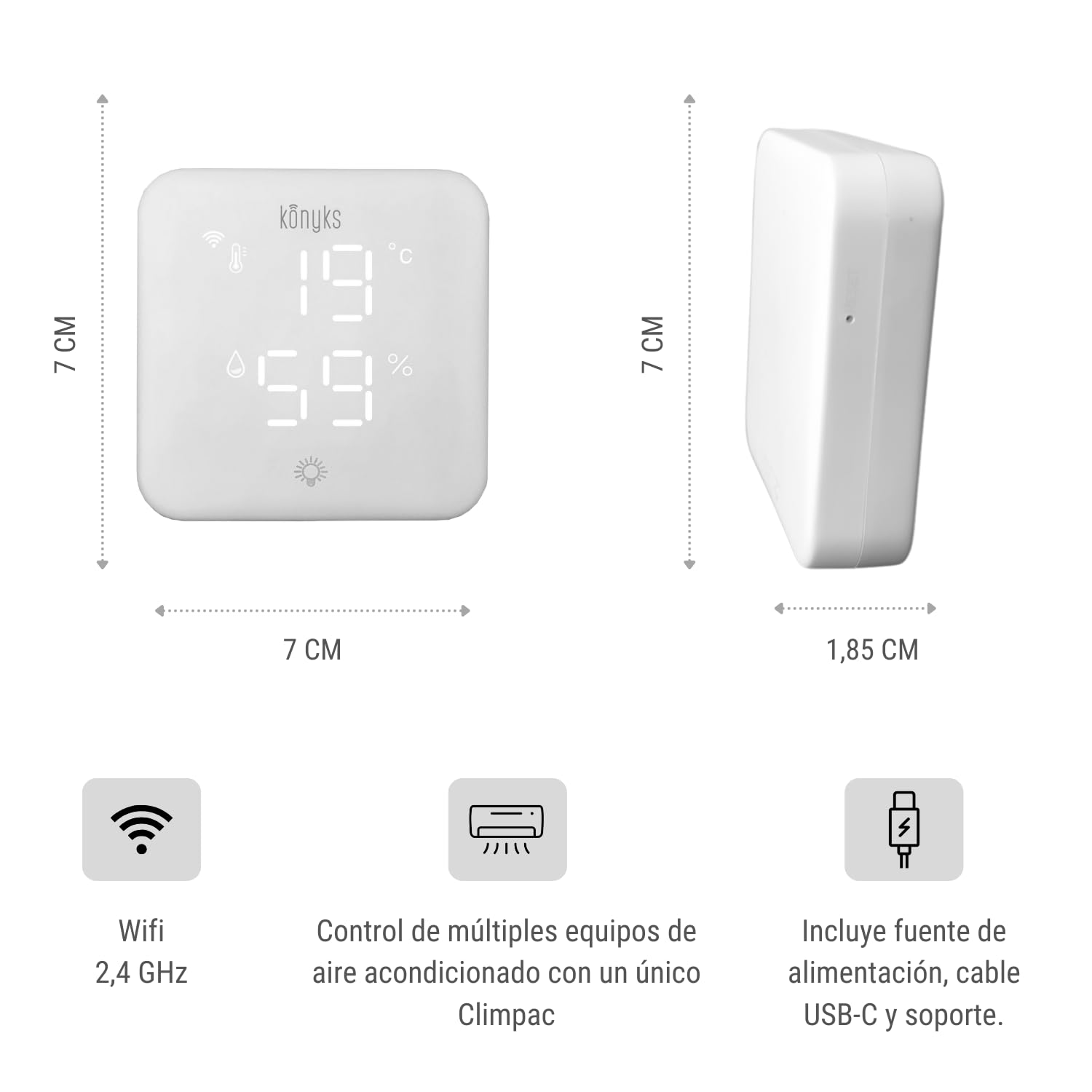 Konyks Climpac - Termostato de Red Wi-FI para Aire Acondicionado y Bomba de Calor, Control Remoto, Control por Voz, termómetro e higrómetro