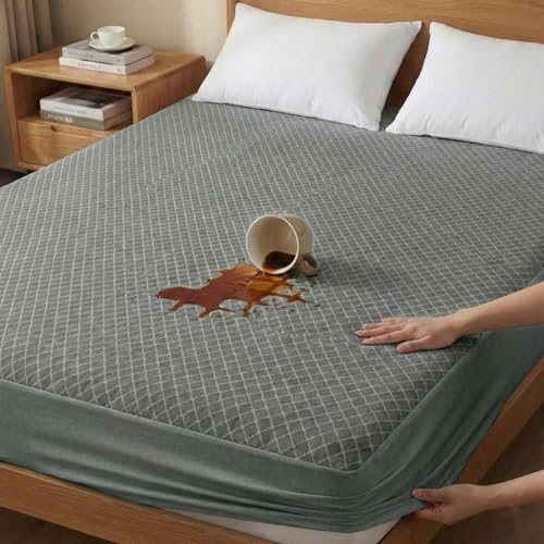 Image of Ayka 100% Waterproof Knitted Mattress Protector King Size Breathable Hypoallergenic Noiseless Ultra Soft Fitted Bed Protector 84x72 inch Mattress /Bed Cover (Super King 84 * 72 inch, Grey)
