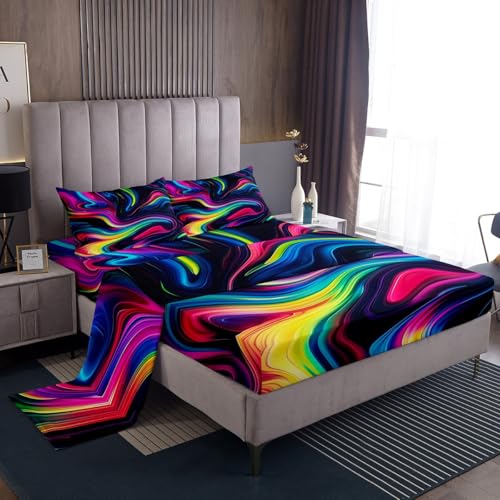 Homewish Neon Lines Bed Sheet Full Size,Irregular 3D Print Bedding Sets Kids Girls Boys Teens Adult Room Decor,Swirl Abstract Pattern Sheet Sets Trippy Style Reversible Fitted Sheet,2 Pillowcases