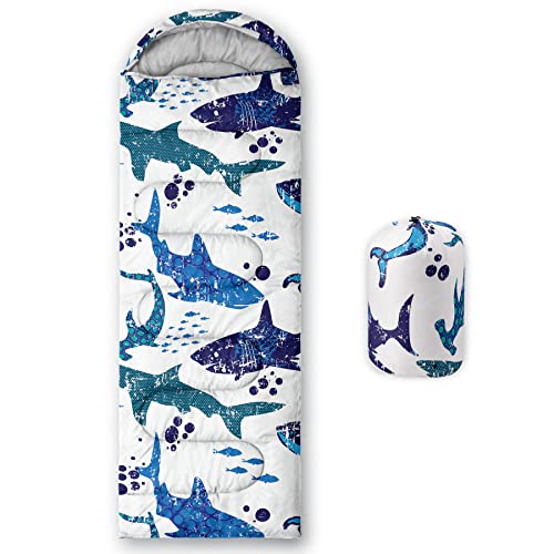 BailiPromise Shark Printed Camping Sleeping Bags,3 Season Warm & Cool Weather,Lightweight,Waterproof Sleeping Bags for Adults & Kids,Traveling,and Outdoors,Camping Gear Equipment,31x90inch, Standard
