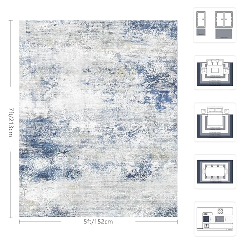 5x7 Area Rugs, Abstract Modern Ultra Soft Washable Rug, Non Slip Carpet with Rubber Back Stain Resistance Rugs for Living Room, Bedroom, Dining Room Decor(Blue & White) — view 2