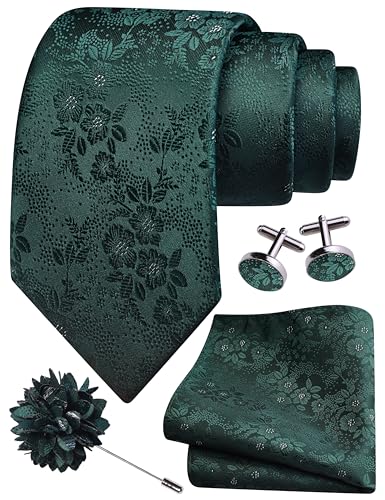 Image of GUSLESON 3.15 inch(8cm) Mens Floral Tie and Lapel Pin Necktie Hankerchief Cufflinks Set for Men