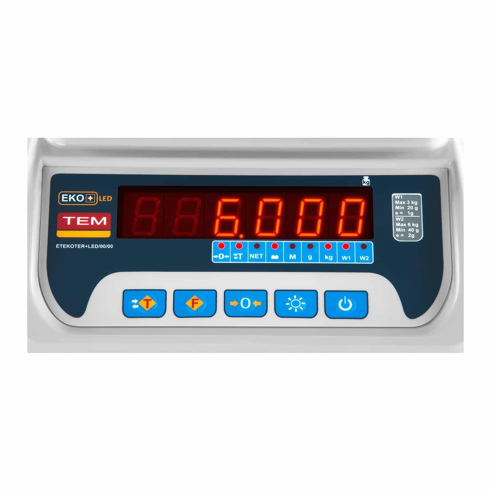 TEM Tischwaage Marktwaage Kontrollwaage digitale Waage TEKO+LED06T-PLS-B1 (kalibriert, geeicht, 3 kg/6 kg, 1g/2 g, LED-Display, Akku bis 40 h Betrieb, versch. Funktionen)