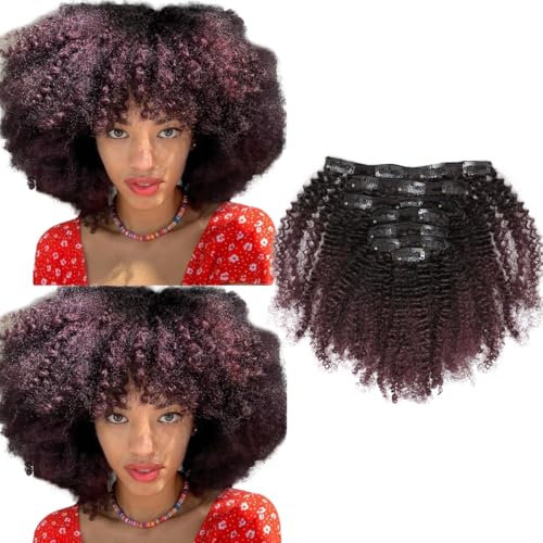 Ombre Remy Clip in Human Hair Extensions Afro Kinky Curly For Black Women 4A 4B 100% Human Hair Clip ins Two Tone #1B/99J Burgundy Wine Red Full Head (10 inch,T#1B/99J AC)