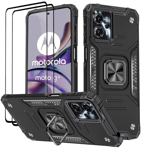 KANSi Case for Motorola Moto G13 / G23 / G53, Tempered Glass [2 Pack] Protective Silicone TPU Shockproof Tough Armor Hard Cover - Black