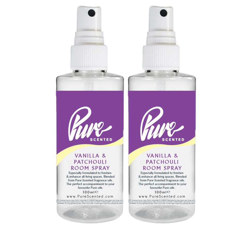 "Pure Scented 200ml Room & Fabric Sprays 2 x 100ml Suitable For Home, Car, Caravan, Work, Gym Bags, Odour Eliminators (2 x 100ml, Vanilla Patchouli)"