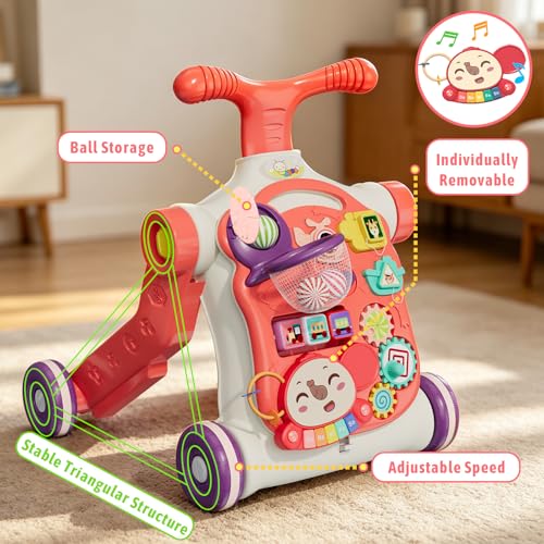 Image of QDRAGON 5 in 1 Walker for Baby Girl, Baby Push Walkers, Assemble as Scooter /Motorbike /Activity Center /Detachable Panel, Walking Toys for Infants, Red