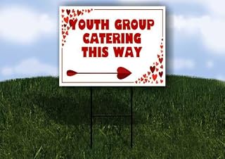 Youth Group Catering This Way Red Frame With Hearts Right Arrow Single Sided 18x24 in. Yard Road Sign w/Stand