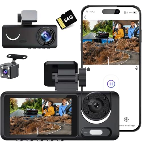 QNY Dash Cam Front and Rear Inside, FHD 3 Channel