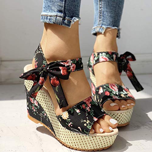 Zbyy Platforms Sandals For Women,Open Toe Lace Up Ankle Wrap Espadrille Wedge Sandals Casual Summer Beach Shoes Black #TOP1