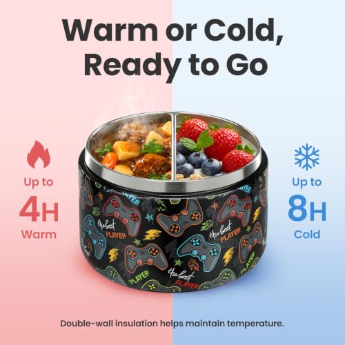 Image of Pawtong 12oz Insulated Vacuum Food Jar with Buckle Lid Wide Mouth Soup Thermo for Hot Food Kids Leakproof Stainless Steel Lunch Container (Black-Game)