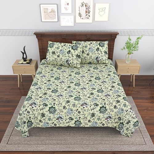 Image of Mafatlal Saanjh 144 TC Printed Cotton Bed Cover Double Bed 95x108 Inch | Air Circulation Weave | Soft Gentle Texture | Ethnic Look |Pillowcase Included | Pistachio Shell Refreshing Tone