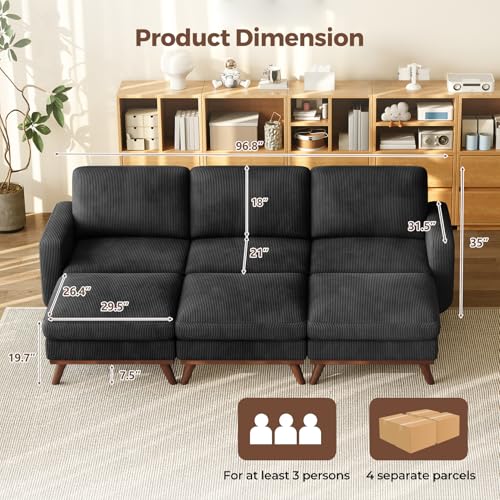 Image of Vesgantti 97 inch Modular Sectional Sofa Black, Sectional Couch with Movable Ottoman, Comfy Corduroy Couch with Spring Cushion, Modular Sofa with Deep Seat for Living Room, Bedroom and Apartment