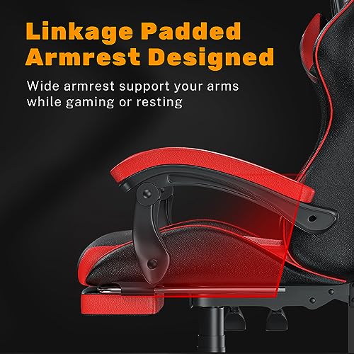 Bigzzia Gaming Chair with Footrest Office Desk Chair Ergonomic Gaming Chair PU Leather Reclining High Back Adjustable Swivel Lumbar Support Racing Style E-Sports Video Gamer Chairs (Black/Red)