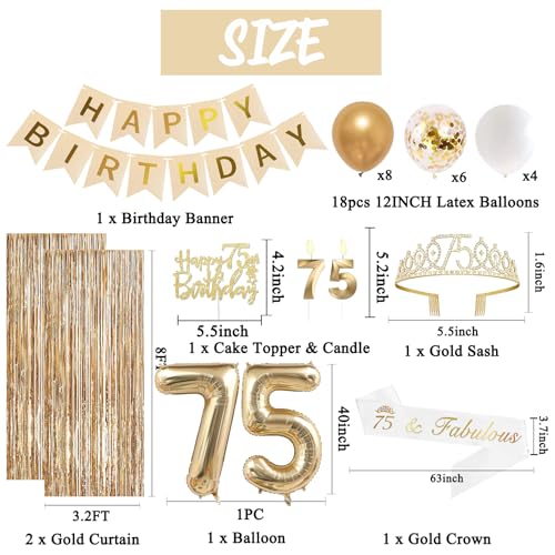 Image of Trgowaul 75th Birthday Decorations for Women, Banner, Sash and Crown, Cake Topper, 75 Number Balloon, Fringe Curtains, Champagne Gold 75th Birthday Party Supplies
