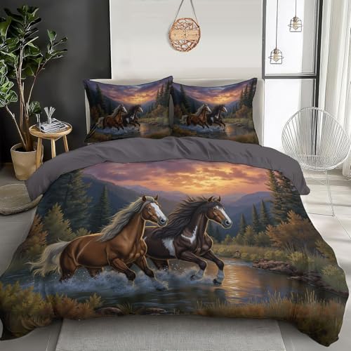 Parure de lit 240x260cm haut de gamme motif cheval coucher de soleil - 2
