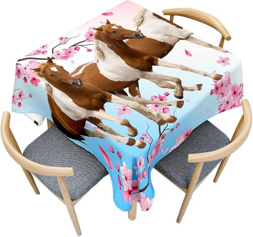 Tizhweqo Mantel Mesa Cuadrada Caballo, Manteles Antimanchas Flores de Cerezo, 3D Impresión Mantel Impermeable Lavable para Cocina Salón Comedor, 150x150 cm ZB615