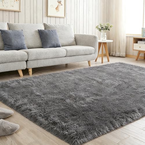 Image of twirush Fluffy Shaggy Rugs for Living Room 120x160cm/4x5 ft, Grey Area Rugs for Bedroom, Large Anti Slip Carpet, Machine Washable Soft Thick Pile Bedside Rug for Kids Bedroom Nursery (Grey)