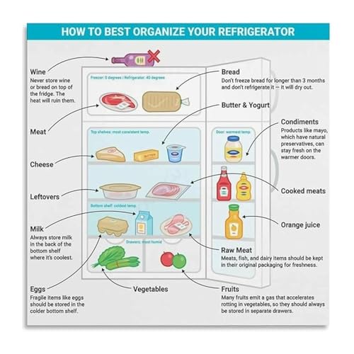 Refrigerator Organization Food Storage Chart Guide Poster Canvas Wall Art For Home Kitchen(Unframed,12x18inch(30x45cm))