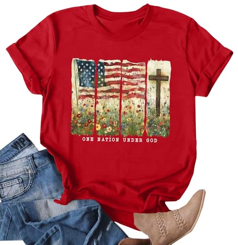 Image of Ithalt Christian Tshirt Womens 4th of July Shirt American Flag T Shirt USA Patriotic Tees Faith Short Sleeve Tops