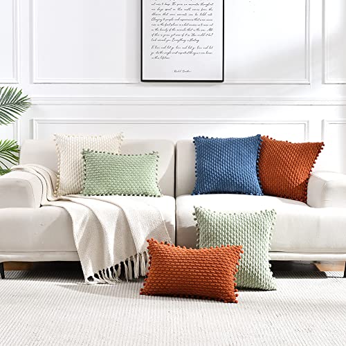 Fancy Homi Set of 2 Boho Cream Decorative Throw Pillow Covers 18x18 Inch with Pom-poms for Couch Bed Sofa, Modern Farmhouse Home Decor, Soft Plush Corduroy Cute Cushion Case 45x45 cm - Image 7