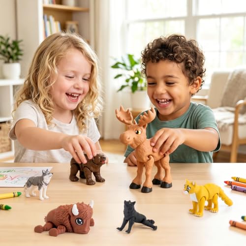 Image of cobinaan 6PCS 3D Printed Safari Animals Figures Toys Bear Bison Moose Wolf | Flexible Articulated Fidget Toys, Child-safe PLA Plastic, Party Favors Birthday Gifts Cake Topper Home Office Desk Decor