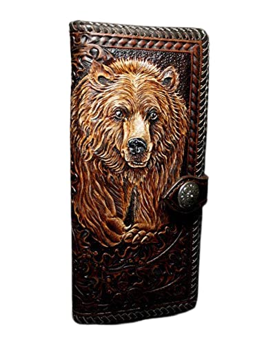 Men's 3D Genuine Leather Wallet, Long wallet, Biker wallet, Hand-Carved, Hand-Painted, Leather Carving, Custom wallet, Personalized wallet, Bear