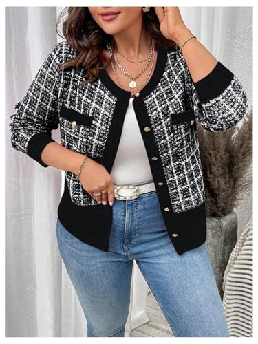 Floerns Women's Plus Size Tweed Long Sleeve Button Front Work Casual Cardigan Sweater3