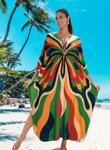Image of Yanziliu Kaftan Dress for Women,Plus Size Hawaiian Batwing Sleeve Beach Cover Up Summer Swimsuit Dresses