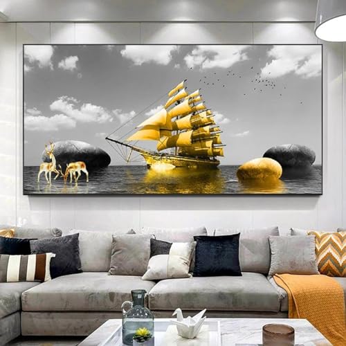 Tableau voilier abstrait pour salon : toile moderne de navires dorés 55x110cm