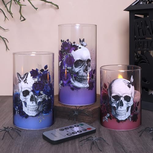 Image of Gothic Skull Flameless Candles Set with Remote Control Timer Function, 3-Piece Horror Theme Halloween Decorative Candles for Home Party Haunted House Horror Theme Halloween Decorations