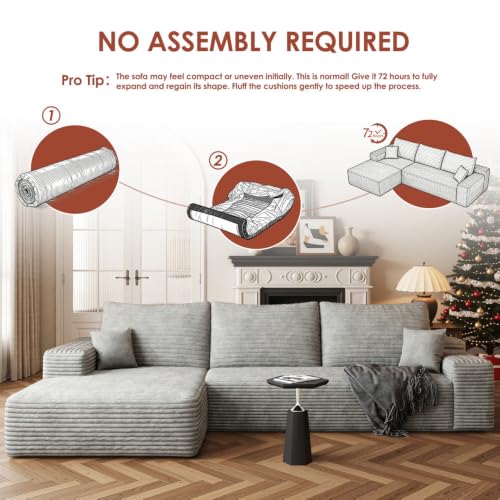 Image of Boneless Couch, Modular Sectional Couches for Living Room, U-Shaped Cloud Couch Sofa with Deep Seat, Fluffy Corduroy Upholstered Corner Sofa